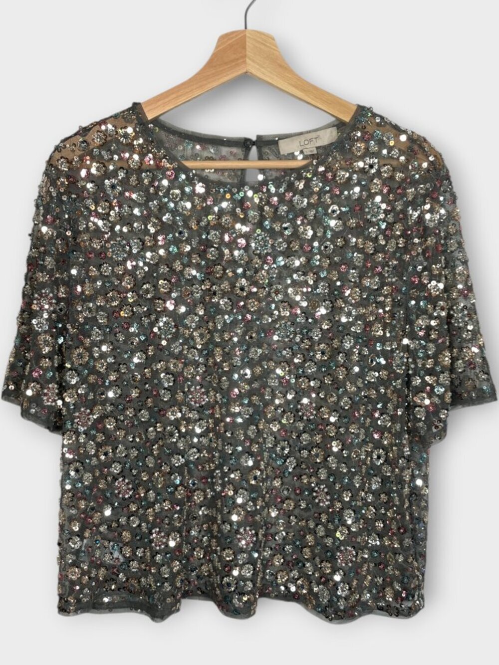 LOFT Sequin Mesh Popover Top Blouse LARGE Gray Silver Party Special Occassion